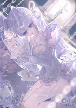 Rule 34 | 1girl, animal ears, blue eyes, breasts, chain, cleavage, detached sleeves, dress, flower, frilled sleeves, frills, hair ornament, highres, image sample, jileqizhanshi, long hair, long sleeves, mihuashi sample, nail polish, original, rabbit ears, rose, sitting, sleeves past wrists, socks, solo, stuffed animal, stuffed toy, white dress, white flower, white hair, white rose
