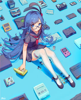 1boy artist_name atari atari_2600 black_footwear black_skirt blue_background blue_eyes blue_hair controller crossdressing crossdressing_(mtf) destiny_child dreamcast_controller dualshock famicom game_&amp;_watch game_boy game_boy_(original) game_boy_cartridge game_cartridge game_console game_controller gamecube gamepad glasses handheld_game_console head-mounted_display highres home_pong joystick kkuem long_hair looking_at_viewer male_focus mayahuel_(destiny_child) microsoft neckerchief neo_geo new_nintendo_3ds nintendo nintendo_3ds nintendo_64 nintendo_ds nintendo_switch pc_engine playstation_1 playstation_4 playstation_controller playstation_vita playstation_vr red_neckerchief sega sega_dreamcast sega_master_system sega_mega_drive signature sitting skirt solo sony super_nintendo tamagotchi_(virtual_pet) thighhighs trap very_long_hair virtual_pet_(toy) white_thighhighs wii_remote xbox_(original) xbox_controller
