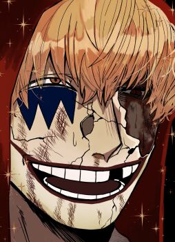 1boy black_background blonde_hair blood blood_on_face broken_mask brown_eyes commentary_request crack cracked_kawaii_mask donquixote_rocinante dried_blood facepaint hat highres injury lipstick makeup male_focus mask one_piece portrait red_hat red_lips sayugkgk solo teeth