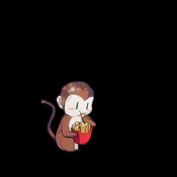 animal animal_ears black_background brown_hair crop_top crown dress excited food french_fries holding holding_food mirae_somang monkey monkey_ears monkey_tail orange_hair outdoors sitting smile solo tail third-party_edit