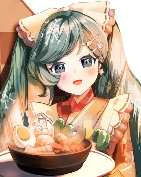 Rule 34 | 1girl, apron, blush, bow, commentary request, earrings, egg (food), food, fork hair ornament, green hair, hair bow, hair ornament, hatsune miku, highres, holding, holding tray, japanese clothes, jewelry, kimono, kureseru 2828, long hair, long sleeves, official alternate costume, official alternate hairstyle, orange kimono, shrimp, solo, soup, spoon hair ornament, tray, twintails, very long hair, vocaloid, white apron, wide sleeves, yuki miku, yuki miku (2024)