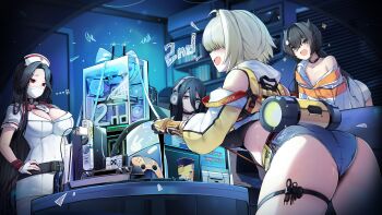 4girls ahoge ass black_hair blonde_hair book breasts cleavage commentary_request computer controller ddangbi denim denim_shorts dress electric_shock_(nikke) elegg_(nikke) exia_(nikke) game_controller goddess_of_victory:_nikke green_eyes grey_eyes hair_between_eyes hair_over_eyes headphones highres indoors large_breasts long_hair maiden_(covert_nurse)_(nikke) maiden_(nikke) mask mouth_mask multiple_girls nurse official_alternate_costume open_mouth red_eyes short_hair shorts single_bare_shoulder thigh_strap trony_(nikke) white_dress