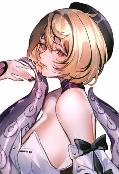 1girl absurdres bare_shoulders black_bow black_hat black_nails blonde_hair bow breasts collar commentary commentary_request detached_sleeves from_side hair_between_eyes hat highres looking_at_viewer mole mole_under_mouth monster_girl octopus purple_collar purple_eyes ringed_eyes scylla shirt short_hair sideboob siiii_0s solo suction_cups teeth tentacle_girl tentacles upper_body white_background white_shirt yidhari_murphy zenless_zone_zero