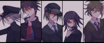 5boys aegyo_sal alternate_eye_color amami_rantaro annoyed baseball_cap black_border black_hair black_hat black_jacket blazer blue_necktie border brown_jacket brown_necktie buttons cigarette collared_jacket collared_shirt commentary_request crazy crazy_smile crossed_arms danganronpa_(series) danganronpa_v3:_killing_harmony expressionless eyes_visible_through_hair facial_hair from_side gakuran goatee gold_buttons green_hair grey_background grey_hair hair_between_eyes hair_over_one_eye half-closed_eye hand_on_headwear hand_on_own_chest hand_on_own_head hat hat_ornament head_tilt height_difference high_collar jacket k1-b0 lapels long_eyelashes long_sleeves male_focus messy_hair momota_kaito mouth_hold multiple_boys necktie nervous notched_lapels official_alternate_costume oma_kokichi open_clothes open_jacket open_mouth open_shirt parted_lips peaked_cap pointy_nose purple_hair red_eyes red_tank_top saihara_shuichi sakura_(fein5862817) school_uniform shirt short_hair simple_background smile smoke smoking spiked_hair star_(symbol) star_hat_ornament striped_necktie sweater_jacket tank_top twitter_username undershirt upper_body v-neck white_shirt