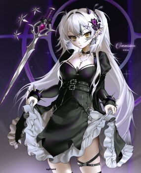 Rule 34 | 1girl, armlet, artist name, belt, black dress, bow, breasts, choker, cleavage, clothes lift, commentary, commission, cropped legs, cross, cross earrings, cross necklace, demon horns, dress, ear piercing, earrings, expressionless, face piercing, frilled skirt, frills, gem, gem hair ornament, goth fashion, hair between eyes, hair ornament, hair ribbon, high belt, highres, horns, jewelry, juliet sleeves, long sleeves, looking at viewer, multicolored hair, multiple piercings, necklace, original, pale skin, piercing, pointy ears, puffy sleeves, purple background, ribbon, rumi (cytrumi), shuriken, skirt, skirt lift, solo, spiked armlet, spiked choker, spikes, streaked hair, sword, thigh strap, thighhighs, underbust, untranslatable commentary, weapon, white hair, x-shaped thigh strap, x hair ornament, yellow eyes