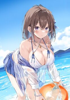 1girl ball beachball bikini blue_sky blush bracelet breasts brown_hair cleavage cloud collarbone colored_inner_hair commentary_request day hair_between_eyes hair_ornament hawawa-chan_(sirokuma_shake) highres jewelry large_breasts looking_at_viewer medium_hair mountainous_horizon multicolored_hair original outdoors purple_eyes purple_hair purple_ribbon purple_skirt ribbon sidelocks sirokuma_shake skirt sky standing swimsuit two-tone_hair white_bikini