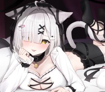 1girl animal_ears bell black_choker black_ribbon black_socks bow breasts cat_ears cat_girl cat_tail choker commentary_request commission ear_ribbon frilled_choker frills hair_ornament hairclip heart heart_hair_ornament indie_virtual_youtuber long_sleeves lying neck_bell on_stomach ribbon shiraberu_peace shirt skeb_commission socks solo tail the_pose tongue tongue_out twt_vv202 virtual_youtuber white_hair white_shirt wing_hair_ornament yellow_eyes