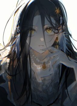 Rule 34 | 1girl, backlighting, bead necklace, beads, black hair, chinese commentary, commentary request, earrings, hair between eyes, hair down, hand up, highres, jewelry, kamisaki hikaru, long hair, looking at viewer, medalist (manga), necklace, parted lips, queshi01921, solo, upper body, white background, yellow eyes