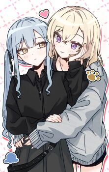 Rule 34 | 2girls, at 09098, bang dream!, bang dream! it's mygo!!!!!, black shirt, black tank top, blonde hair, blue hair, blush, closed mouth, commentary, grey jacket, grey skirt, hair between eyes, hand on another's cheek, hand on another's face, heart, highres, hug, jacket, long hair, long sleeves, medium hair, misumi uika, multiple girls, outline, pout, purple eyes, shirt, sidelocks, skirt, sleeves past wrists, tank top, togawa sakiko, twintails, white outline, yellow eyes, yuri