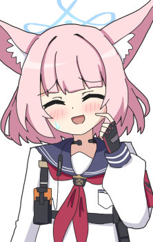 1girl :d ^_^ animal_ear_fluff animal_ears black_gloves blue_archive blue_halo blue_sailor_collar blunt_bangs blush closed_eyes commentary facing_viewer fingerless_gloves fox_ears fox_girl furrowed_brow gloves halo hand_up kotowa long_sleeves medium_hair neckerchief niko_(blue_archive) open_mouth pink_hair red_neckerchief sailor_collar school_uniform scratching_cheek serafuku shirt simple_background smile solo sweatdrop tactical_school_uniform upper_body white_background white_shirt