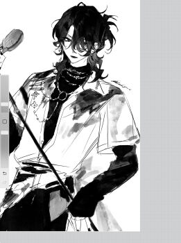 Rule 34 | 1boy, art program in frame, artist name, bright me up!! (ensemble stars!), buttons, chain, chain necklace, commentary, cowboy shot, earrings, ensemble stars!, fingernails, greyscale, hair over one eye, highres, jewelry, layered clothes, layered shirt, layered sleeves, long sleeves, looking at viewer, lower teeth only, lunaticotat, male focus, medium hair, monochrome, necklace, official alternate costume, official alternate hairstyle, pants, procreate (medium), safety pin, sakuma rei (ensemble stars!), shirt, short over long sleeves, short sleeves, simple background, sketch, sleeves past wrists, solo, teeth, untranslatable commentary