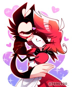 1girl ^_^ absurdres ahoge animal apron bandana bandana_around_neck black_bandana blush cat cheek-to-cheek circle_facial_mark closed_eyes closed_mouth colored_skin commentary_request cyclops dress flipped_hair frilled_apron frills halftone halftone_background hazbin_hotel heads_together heart heart_background hellaverse highres holding holding_animal holding_cat keekee_(hazbin_hotel) menattou niffty_(hazbin_hotel) one-eyed outline puffy_short_sleeves puffy_sleeves red_dress red_hair short_hair short_sleeves simple_background smile solo sparkle twitter_username u_u upper_body white_apron white_background white_outline white_skin