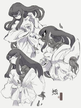 1girl 770mk animal animal_on_face animal_on_shoulder bags_under_eyes bare_shoulders clenched_teeth closed_mouth commentary_request constricted_pupils corruption cropped_legs floating_hair frown greyscale grimace hands_up japanese_clothes kimono leech long_hair long_sleeves monochrome multiple_views no_bra off_shoulder one_eye_closed original parted_lips sequential simple_background teeth translation_request v-shaped_eyebrows veins wide-eyed