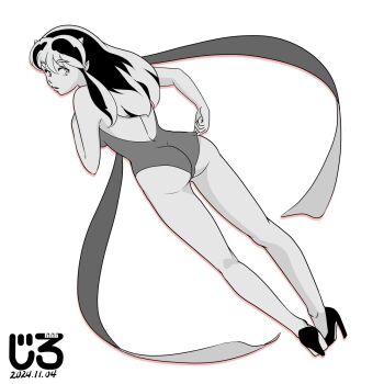 1girl adjusting_clothes adjusting_swimsuit artist_logo ass back_cutout clothing_cutout commentary_request cone_horns dated from_behind good_ass_day greyscale high_heels highres horns jirohhb logo long_hair looking_at_viewer looking_back lum monochrome one-piece_swimsuit scarf simple_background solo standing swimsuit urusei_yatsura