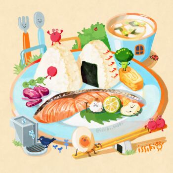 animal animal_focus artist_name bento bird broccoli bug bush chopsticks closed_eyes closed_mouth crab cucumber cup egg egg_(food) fish fish_(food) food food_art food_focus fork fruit in_food insect issiki_toaki ladybug leaf lemon lemon_slice lettuce lying mug no_humans omelet onigiri open_mouth original oversized_food oversized_object plate rice simple_background sleeping smile spider spoon sugar_cube tamagoyaki tomato tree twitter_username window yellow_background