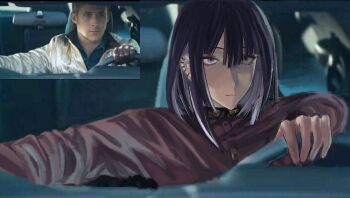 1boy absurdres closed_mouth derivative_work driving ear_piercing earrings eyebrows eyelashes hair_between_eyes highres jewelry long_hair male_focus piercing purple_eyes purple_hair reference_request screenshot_redraw solo solo_focus the_hundred_line_-last_defense_academy- tsukumo_ima upper_body