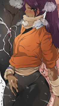 1boy 1girl 2024 black_pants bleach blush breasts clothed_female_nude_male cum dark-skinned_female dark_skin ejaculation highres nude pants penis ponytail purple_hair pussy_juice shihouin_yoruichi small_breasts steam thick_thighs thigh_sex thighs wet_pants yanagie-terasu yellow_eyes
