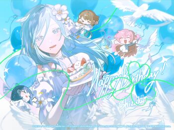 &gt;_&lt; 4girls ^_^ absurdres balloon bird birthday_cake blue_eyes blue_hair blue_sky brown_hair cake character_name chibi chinese_commentary choker closed_eyes cloud cloudy_sky collarbone color_of_myself!_(project_sekai) commentary_request copyright_notice day detached_sleeves dress earrings feathers flower flower_earrings flower_request food frilled_dress frills fruit guest_art hair_between_eyes hair_flower hair_ornament hanasato_minori hands_up happy_birthday highres hinomori_shizuku holding holding_balloon holding_plate jewelry kiritani_haruka kyline light_blush long_hair looking_at_viewer mole mole_under_mouth momoi_airi more_more_jump!_(project_sekai) multiple_girls official_alternate_costume official_art open_mouth pink_hair plate project_sekai puffy_short_sleeves puffy_sleeves second-party_source short_hair short_sleeves sidelocks silver_choker sky sleeveless sleeveless_dress smile sparkle strawberry two_side_up upper_body white_bird white_dress white_flower