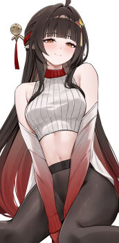 1girl absurdres ahoge bare_shoulders black_pantyhose blush breasts brown_hair closed_mouth colored_extremities crop_top detached_sleeves diamond-shaped_pupils diamond_(shape) gradient_hair gradient_sleeves hair_ornament highres honkai:_star_rail honkai_(series) lingsha_(honkai:_star_rail) long_hair looking_at_viewer lunacle medium_breasts multicolored_hair navel no_pants orange_eyes pantyhose pointy_ears red_hair red_hands shirt sidelocks simple_background sitting smile solo stomach symbol-shaped_pupils very_long_hair wariza white_background white_shirt