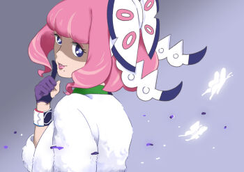 1girl back bow breasts collared_shirt commentary_request drill_hair drill_sidelocks dynamax_band eyeshadow flipped_hair from_side fur_jacket gloves hair_bow hairband hand_up highres index_finger_raised jacket klara_(pokemon) makeup mole mole_under_mouth nintendo pink_eyeshadow pink_hair pink_lips pokemon pokemon_swsh purple_eyes shaded_face shirt short_hair sidelocks single_glove smile solo upper_body white_bow white_hairband yuma224-kuro
