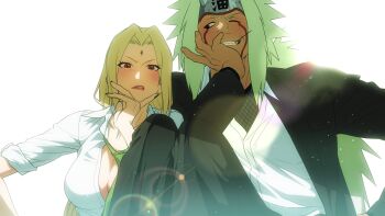 1boy 1girl blonde_hair blush breasts casual commentary_request facial_mark highres jacket jiraiya_(naruto) korean_commentary large_breasts long_hair mature_female mature_male naruto_(series) nuhaudon old old_man old_woman shirt suit_jacket tsunade_(naruto) white_hair
