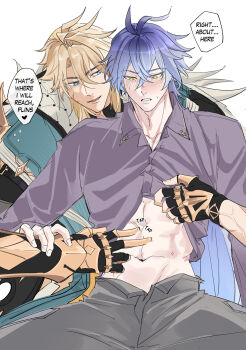 2boys black_gloves blonde_hair blue_eyes blush clothes_lift crossed_bangs flins_(genshin_impact) genshin_impact gloves highres looking_at_another male_focus multiple_boys open_mouth qqkiqki speech_bubble teeth varka_(genshin_impact) yaoi yellow_eyes