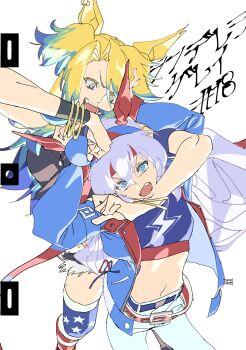 2girls absurdres american_flag american_flag_print animal_ears annoyed armband belt belt_buckle black_shorts blonde_hair blue_armband blue_belt blue_eyes blue_hair blue_hairband blue_jacket blue_shirt bracelet buckle colored_tips cowboy_shot crop_top ear_covers eyelashes feet_out_of_frame flag_print fur-trimmed_shorts fur_trim gold_bracelet grey_hair hair_between_eyes hair_ornament hairband happy headband headlock height_difference highres horse_ears horse_girl jacket jewelry jxl8080 lightning_bolt_print long_hair looking_at_another looking_down looking_up midriff multicolored_hair multicolored_thighhighs multiple_bracelets multiple_girls navel noogie obey_your_master_(umamusume) official_artist_extra open_clothes open_jacket pants print_shirt print_thighhighs red_belt red_hairband red_headband shirt shorts sphere_hair_ornament standing star_(symbol) star_print striped_clothes striped_thighhighs studded_belt tamamo_cross_(umamusume) tamamo_cross_(with_lightning_speed)_(umamusume) thighhighs two-sided_fabric two-sided_jacket two-tone_hair two-tone_hairband umamusume umamusume:_cinderella_gray v-shaped_eyebrows white_background white_pants white_thighhighs wristband yellow_eyes
