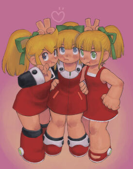 Rule 34 | 3girls, bare shoulders, blue eyes, blunt bangs, boots, bow, cheek-to-cheek, collarbone, commentary request, dress, full body, green bow, green eyes, heads together, heart, high ponytail, highres, hooded dress, long sleeves, mega man (classic), mega man (series), mega man 11, mega man 8, multiple girls, no socks, petticoat, ponytail, pout, ramb chop, red boots, red dress, roll (mega man), simple background, v, v-shaped eyebrows