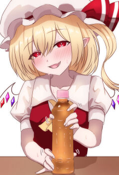 1girl blonde_hair blush bottle crystal_wings flandre_scarlet hat highres merihari07 mob_cap open_mouth pointy_ears red_eyes red_vest shirt side_ponytail smile solo sweat table touhou upper_body vest white_shirt wings