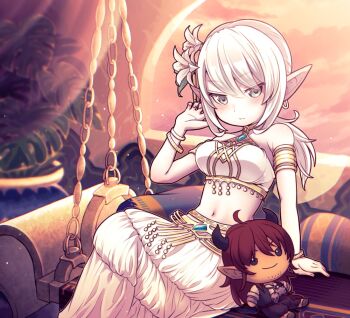 1girl aqua_eyes aqua_gemstone arabian_clothes arm_support armlet bare_shoulders black_horns blurry blurry_background bra bracelet cloud commentary_request dragon_quest dragon_quest_x elf_(dq10) flower gem gold_armlet gold_bracelet hair_flower hair_ornament horns jewelry lily_(flower) looking_at_viewer low_ponytail mami_(mamisan_www) midriff multiple_armlets multiple_bracelets navel o-ring o-ring_top orange_sky pale_skin petite pillow plant pointy_ears ponytail potted_plant sitting skirt sky stuffed_toy underwear white_bra white_hair white_skirt yushuka_(dragon_quest)