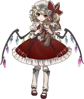 1girl absurdres ascot blonde_hair bow closed_mouth cross-laced_clothes cross-laced_skirt crystal crystal_wings embellished_costume flandre_scarlet frilled_shirt_collar frilled_skirt frills full_body game_cg hat hat_bow highres leg_warmers long_hair long_sleeves looking_at_viewer marisa_of_liartop_mountain mary_janes mob_cap multicolored_wings non-web_source official_art one_side_up red_bow red_eyes red_shoes red_skirt red_vest second-party_source shirt shoes skirt skirt_set smile socha socks solo stuffed_animal stuffed_toy stuffing teddy_bear touhou transparent_background vest white_hat white_leg_warmers white_shirt white_socks wings yellow_ascot