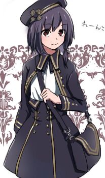 1girl adapted_costume alternate_costume alternate_headwear bag black_coat black_eyes black_hair black_ribbon black_skirt coat commentary_request hair_between_eyes hair_ribbon hat_ornament long_sleeves partial_commentary ribbon shirt shirt_ribbon shoulder_bag simple_background skirt smile solo touhou toujou_(toujou_ramen) translated usami_renko white_background white_shirt