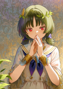1girl absurdres bracelet commentary_request dot_nose floral_background gold_bracelet green_hair hair_ornament head_wreath highres jewelry looking_at_viewer medium_hair original own_hands_clasped own_hands_together red_eyes short_twintails signature solo twintails upper_body welt_(kinsei_koutenkyoku) wide_sleeves