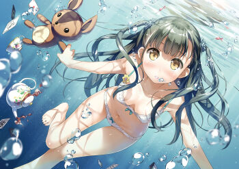1girl air_bubble bare_arms bare_legs bare_shoulders barefoot blue_bow blue_flower blunt_bangs blush bow bow_bra bow_panties bra breasts breath bubble card cleavage collarbone covered_erect_nipples diving drink dutch_angle feet female_focus flower freediving green_hair hair_flower hair_ornament highres holding holding_breath kantoku lingerie liquid long_hair looking_at_viewer medium_breasts nagisa_(kantoku) navel original outstretched_arm panties parted_lips solo stomach stuffed_animal stuffed_toy submerged swimming tea teapot teddy_bear teeth two_side_up underwater underwear underwear_only white_bra white_panties yellow_eyes
