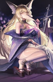 1girl absurdres alphacatosca animal_ear_fluff animal_ears arknights bare_shoulders blonde_hair breasts chinese_commentary cleavage commentary_request covered_mouth facial_scar film_grain fox_ears fox_girl full_body hair_between_eyes hand_fan highres holding holding_fan japanese_clothes kimono large_breasts long_hair looking_at_viewer off_shoulder official_alternate_costume pantyhose platform_sandals purple_kimono sandals scar scar_on_cheek scar_on_face solo squatting sword vulpisfoglia_(arknights) vulpisfoglia_(out_of_focus)_(arknights) weapon white_pantyhose wide_sleeves yellow_eyes