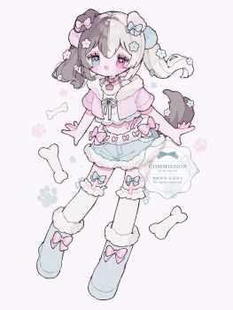 1girl :d animal_ears artist_name blue_boots blue_bow blue_eyes blue_shirt blue_shorts blush bone boots bow brown_hair commentary commission dog_ears dog_girl dog_tail ear_bow floppy_ears footwear_bow frilled_thighhighs frills full_body fur-trimmed_boots fur-trimmed_shorts fur_trim heterochromia highres jacket looking_at_viewer medium_hair multicolored_hair open_clothes open_jacket open_mouth original pink_background pink_bow pink_jacket red_eyes shirt short-sleeved_jacket short_sleeves shorts simple_background smile solo split-color_hair standing tail thighhighs twintails two-tone_hair upache watermark white_hair white_thighhighs