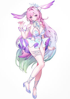 1girl absurdres alternate_costume aqua_hair armlet bare_shoulders braid breasts cleavage commentary_request cyrene_(honkai:_star_rail) cyrene_(ripples_of_past_reverie)_(honkai:_star_rail) fingernails full_body gradient_hair green_hair hair_intakes hand_up high_heels highres honkai:_star_rail honkai_(series) jewelry large_breasts leotard long_fingernails long_hair looking_at_viewer multicolored_hair nail_polish parted_lips pink_hair pink_nails purple_eyes purple_shoes shizaki shoes showgirl_skirt signature smile solo symbol-shaped_pupils tachi-e thighs very_long_hair