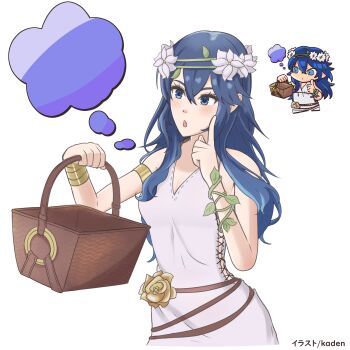1girl armlet armpits artist_name bare_shoulders basket blue_eyes blue_hair bracelet brand_of_the_exalt chibi chibi_inset clenched_hands collarbone curious dress eyelashes female_focus finger_to_cheek fire_emblem fire_emblem_awakening fire_emblem_heroes flat_chest flower hair_between_eyes hair_flower hair_ornament hands_up highres holding holding_basket index_finger_raised intelligent_systems jewelry kaden long_hair looking_at_another lucina_(fire_emblem) lucina_(valentine)_(fire_emblem) matching_hair/eyes neck nintendo no_bra official_alternate_costume open_mouth parted_bangs rope_belt side_slit sidelocks simple_background sleeveless sleeveless_dress speech_bubble standing sundress symbol_in_eye thought_bubble upper_body white_background white_dress