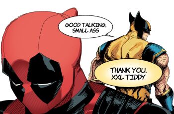 2boys arm_hair back bodysuit deadpool deadpool_(series) english_text facial_hair gloves male_focus marvel mask multicolored_bodysuit multiple_boys muscular muscular_male ppoooooolvrmm red_bodysuit red_mask sleeveless speech_bubble superhero_costume two-tone_bodysuit wolverine_(x-men) x-men