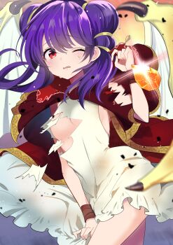 1girl absurdres azusa_(azchemist63) between_legs breasts commentary_request commission cowboy_shot dragon_girl dragon_wings dragonstone dress fire_emblem fire_emblem:_the_sacred_stones glint hand_between_legs hand_up highres long_hair looking_at_viewer multi-tied_hair myrrh_(fire_emblem) nintendo open_mouth purple_hair red_eyes red_robe robe skeb_commission solo sweat torn_clothes twintails white_dress wings