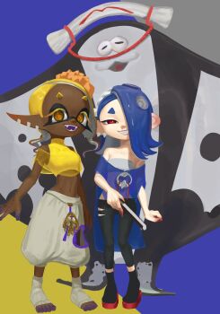 2girls big_man_(splatoon) blonde_hair blue_hair chest_sarashi clothing_cutout colored_eyelashes colored_fingertips commentary_request crop_top dark-skinned_female dark_skin dbwuqldvec82805 earrings fangs frye_(splatoon) full_body hair_over_one_eye hand_fan harem_pants highres holding holding_fan inkling jewelry long_pointy_ears multiple_earrings multiple_girls nintendo octoling open_mouth pants pointy_ears red_eyes sarashi see-through_clothes see-through_shawl shawl shiver_(splatoon) short_eyebrows smile splatoon_(series) splatoon_3 standing tentacle_hair tight_clothes tight_pants toeless_socks tooth_earrings yellow_eyes yellow_shawl