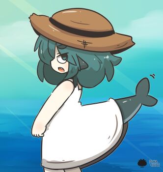 1girl bare_arms bare_shoulders blue_eyes blue_hair blue_sky brown_hat character_name chibi cloud commentary_request dress fins fish_tail from_side fuka-chan hair_between_eyes hat highres horizon motion_lines ocean open_mouth original profile sea_urchin shark_tail sharp_teeth short_eyebrows sky sleeveless sleeveless_dress solo standing tail teeth thick_eyebrows uni_souchou white_dress