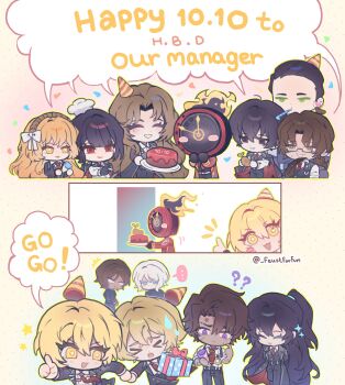 1other 6+boys 6+girls absurdres black_eyes black_hair brown_hair cake chef_hat clock commentary dante_(limbus_company) dated dated_commentary don_quixote_(project_moon) english_commentary everyone faust_(project_moon) flaming_head food gregor_(project_moon) half_updo hands_up happy_birthday hat heathcliff_(project_moon) highres holding holding_cake holding_food hong_lu_(project_moon) ishmael_(project_moon) limbus_company long_hair meursault_(project_moon) multiple_boys multiple_girls notice_lines object_head open_mouth orange_eyes orange_hair outis_(project_moon) parted_bangs party_hat potato project_moon purple_eyes red_eyes rodion_(project_moon) ryoshu_(project_moon) schw3iss_b simple_background sinclair_(project_moon) smile very_long_hair white_background yi_sang_(project_moon)