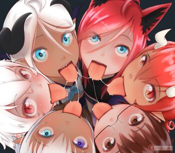 6+girls absurdres animal_ears artist_name blue_background blue_eyes brown_eyes dark-skinned_female dark_skin from_above glasses hair_between_eyes heterochromia highres horns looking_at_viewer looking_up multiple_girls nicenoms original patreon_logo pink_hair pointy_ears purple_eyes red_eyes saliva saliva_trail semi-rimless_eyewear sharp_teeth simple_background slit_pupils teeth tongue tongue_out waiting_for_cum white_hair