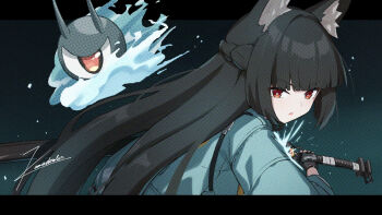 1girl animal_ear_fluff animal_ears aqua_jacket black_hair blunt_bangs commentary_request fingerless_gloves fox_ears fox_girl gloves green_jacket holding holding_sword holding_weapon hoshimi_miyabi jacket katana long_hair red_eyes shinoyo single_fingerless_glove sword tailless_(zenless_zone_zero) upper_body weapon zenless_zone_zero