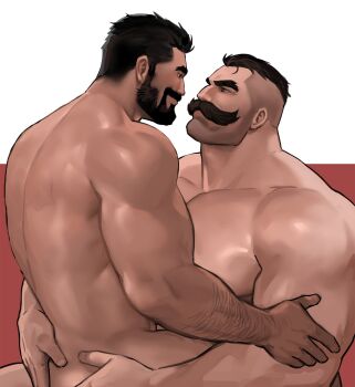 2boys bara beard beard_stubble braum_(league_of_legends) brown_hair completely_nude connected_beard couple dopey_(dopq) facial_hair from_side full_beard graves_(league_of_legends) highres huge_pectorals league_of_legends male_focus mature_male multiple_boys muscular muscular_male mustache nude paid_reward_available short_hair sitting sitting_on_lap sitting_on_person stubble thick_beard thick_mustache undercut yaoi