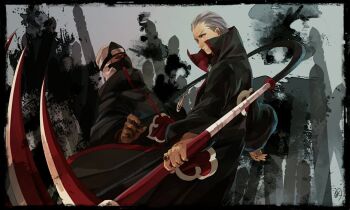 2boys akatsuki_uniform black_coat black_nails coat colored_sclera forehead_protector green_eyes grey_hair hidan_(naruto) highres holding holding_scythe jewelry kakuzu_(naruto) long_sleeves looking_at_viewer male_focus mask mouth_mask multiple_boys naruto_(series) naruto_shippuuden red_sclera ring scythe short_hair smile solo takigakure_symbol unno_24