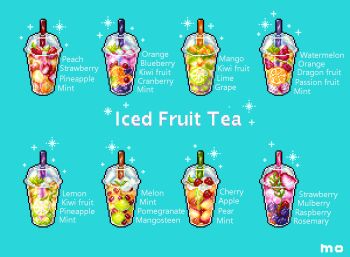 animated animated_gif aqua_background cherry cranberry cup disposable_cup drink drinking_straw english_text food food_focus fruit iced_tea lemon lemon_slice looping_animation no_humans orange_(fruit) orange_slice original pixel_art simple_background sparkle strawberry strawberry_slice yuuki_mokuya