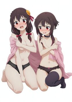 2girls barefoot belt_collar black_panties black_thighhighs blanket blush bow bow_panties braid breasts brown_hair collar collarbone covering_breasts covering_privates crown_braid embarrassed feet flat_chest frilled_panties frills hair_between_eyes hair_bow hair_ornament highres kneeling kono_subarashii_sekai_ni_shukufuku_wo! lace lace-trimmed_panties lace_trim long_hair looking_at_viewer marusankaku medium_breasts megumin multiple_girls navel nose_blush open_mouth panties pink_bow red_bow red_eyes shared_blanket short_hair_with_long_locks simple_background single_thighhigh thighhighs topless_female underwear white_background yunyun_(konosuba)