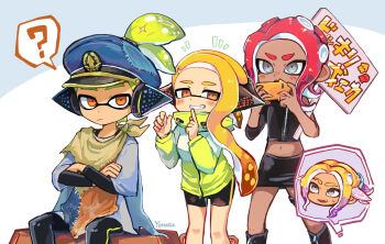 2boys 2girls :/ ? agent_3_(splatoon) agent_3_(splatoon_3) agent_4_(splatoon) agent_8_(splatoon) bike_shorts black_pants black_shirt black_shorts black_skirt blonde_hair blue_hat blush_stickers brown_eyes brown_scarf captain_3_(splatoon) closed_mouth commentary_request crop_top crossed_arms dark-skinned_female dark_skin eyebrow_cut finger_to_mouth flat_chest green_hair green_jacket grey_eyes grey_shirt grin hair_tie hat headphones highres holding holding_phone holding_sign hood hood_down hooded_jacket inkling inkling_boy inkling_girl inkling_player_character jacket layered_shirt long_hair medium_hair midriff miniskirt multicolored_hair multiple_boys multiple_girls navel nintendo notice_lines octoling octoling_boy octoling_girl octoling_player_character orange_eyes orange_hair pants patchwork_clothes peaked_cap pencil_skirt phone placard purple_hair red_hair scarf shirt shorts shushing sign single_bare_shoulder single_sleeve sitting skirt smile speech_bubble splatoon_(series) splatoon_3 spoken_character spoken_question_mark suction_cups sweat tentacle_hair thick_eyebrows topknot translation_request two-tone_hair v-shaped_eyebrows wavy_hair yonaga_story